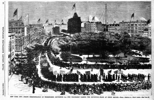 Illustration of the first American Labor parade held in New York City on September 5, 1882 as it appeared in Frank Leslie's Weekly Illustrated Newspaper's September 16, 1882, issue.