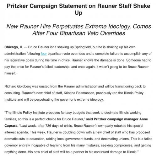 Flyer about Pritzker Campaign Statement on Rauner Staff Shake-up