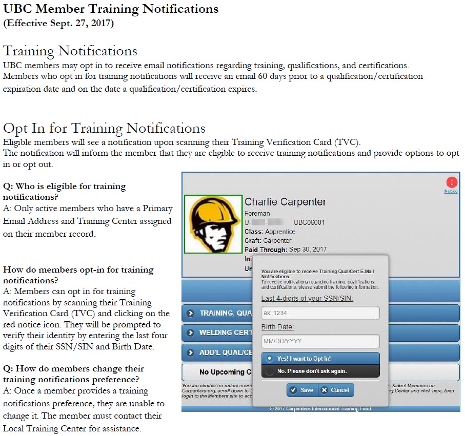 UBC Member Training Notifications flyer